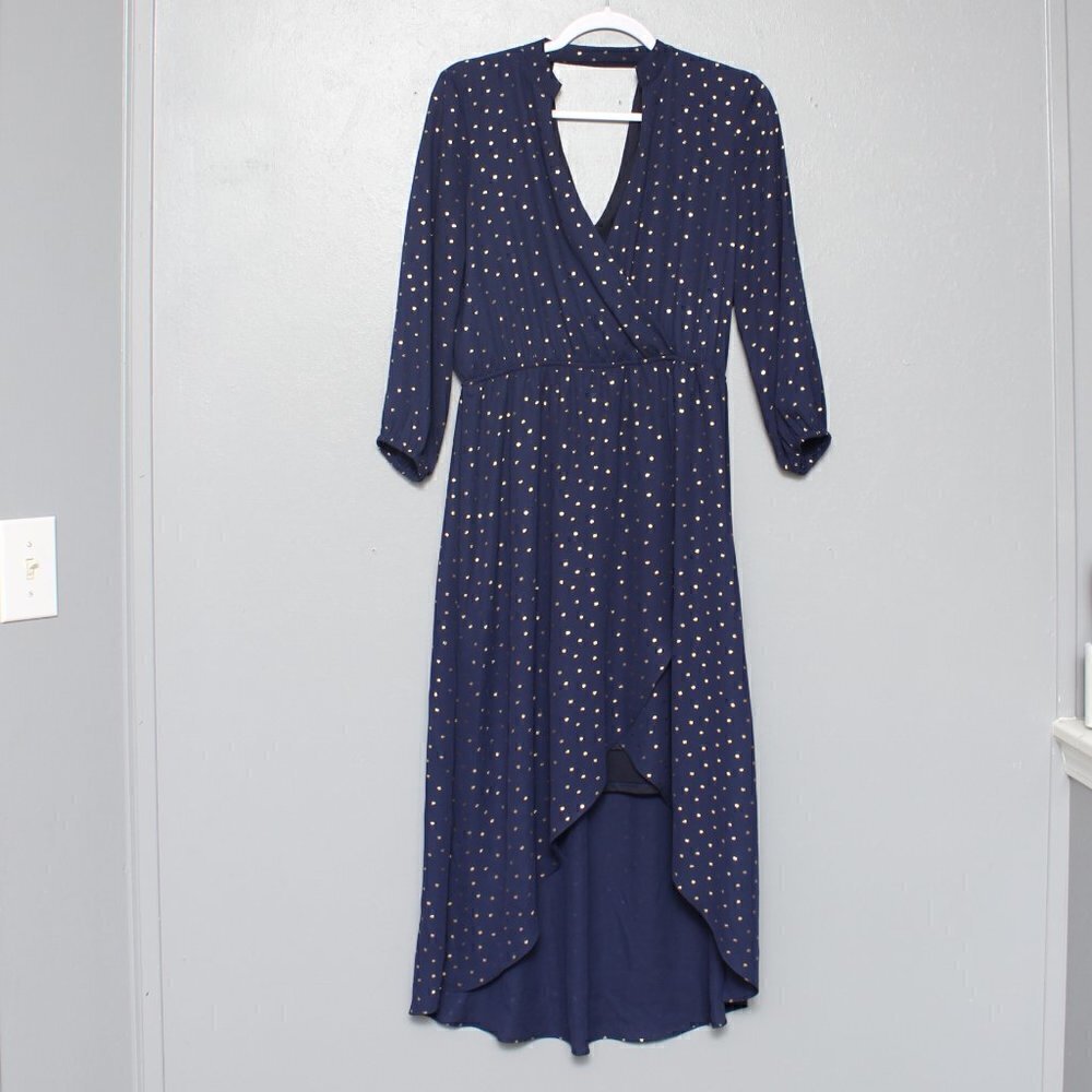 Laundry by Shelli Segal navy and gold faux wrap high low midi dress